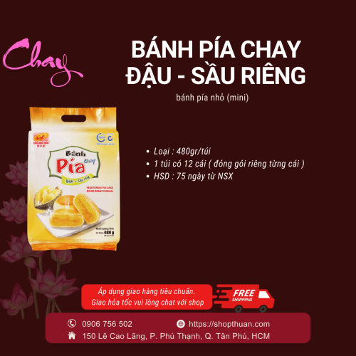 Bánh pía chay mini đậu xanh sầu riêng Tân Huê Viên 480gr ( 12 cái x 40 gr )