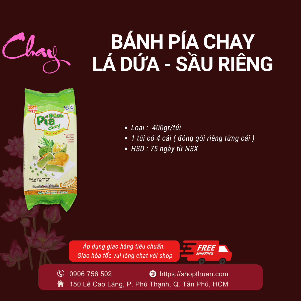 Bánh Pía Chay Lá Dứa Tân Huê Viên 400gr ( 4 cái x 100 gr ) Bánh Pía Chay Lá Dứa Tân Huê Viên 400gr ( 4 cái x 100 gr )